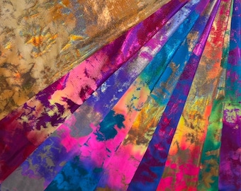 Luxury tie dye splattered metallic foiled design print on the best quality of nylon spandex 4way stretch58/60”sold by the YD.Ships worldwide