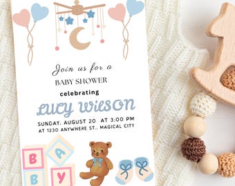 Whimsical Baby Shower Invitation: Teddy Bear & Baby Blocks (Digital Download, 5x7 in Canva Template)
