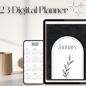 2023 Yearly Digital Planner in Neutral Black, Dated calendar digital journal download for Notability, Goodnotes, iPad, Tablet, Goal tracker