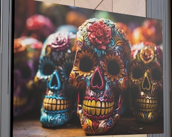 Lienzo de Dia De Muertos, lienzo de arte de Halloween, arte del día de los muertos, decoración del hogar Whimsigoth, arte gótico, decoración de la pared del cráneo, arte popular mexicano