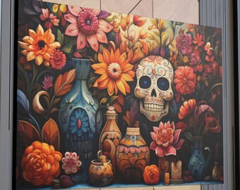 Lienzo de Dia De Muertos, lienzo de arte de Halloween, arte del día de los muertos, decoración del hogar Whimsigoth, arte gótico, decoración de la pared del cráneo, arte popular mexicano