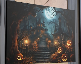 Halloween Framed Canvas Wall Art Eerie Haunted House Decor Pumpkin Painting Print Spooky Atmosphere Poster Ready to Hang Fast Shipping Free