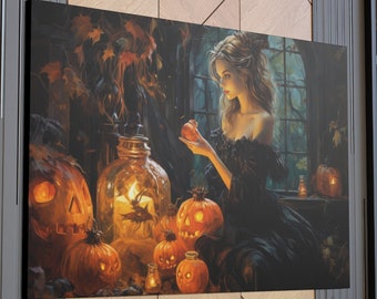 Witch Art Canvas, Halloween Art Canvas, Spooky Home Decor, Whimsigoth Decor, Gothic Art, Halloween Wall Art, Haunted House Art, Scary Art
