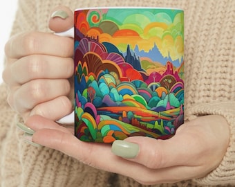 Psychedelic Countryside Mug, Trippy Countryside Mug, Hippy Mug, Artsy Mug, Nature Mug, Forest Mug, Mountain Mug, Boho Mug, Sunrise Mug, Sky