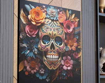 Dia De Muertos Canvas, Halloween Art Canvas, Day Of The Dead Art, Whimsigoth Home Decor, Gothic Art, Skull Wall Decor, Mexican Folk Art