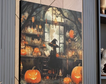 Witch Art Canvas, Halloween Art Canvas, Spooky Home Decor, Whimsigoth Decor, Gothic Art, Halloween Wall Art, Haunted House Art, Scary Art