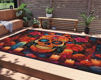 Dia De Muertos Rug, Halloween Outdoor Rug, Patio Rug, Balcony Rug, Garden Rug, Home Decor, Handmade Rug, Boho Rug, Deck Rug, Camping Rug
