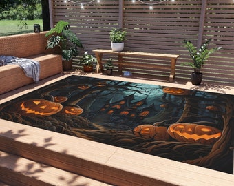 Halloween Rug, Halloween Outdoor Rug, Patio Rug, Balcony Rug, Haunted House Home Decor, Handmade Rug, Boho Rug, Deck Rug, Camping Rug
