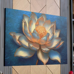 May include: An abstract painting of a lotus flower in shades of blue and gold, with a swirling background.