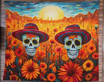 Dia De Muertos Tapestry, Halloween Art Tapestry, Day Of The Dead Art, Whimsigoth Home Decor, Gothic Art, Skull Wall Decor, Mexican Folk Art