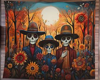 Dia De Muertos Tapestry, Halloween Art Tapestry, Day Of The Dead Art, Whimsigoth Home Decor, Gothic Art, Skull Wall Decor, Mexican Folk Art