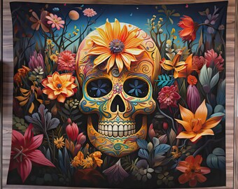 Dia De Muertos Tapestry, Halloween Art Tapestry, Day Of The Dead Art, Whimsigoth Home Decor, Gothic Art, Skull Wall Decor, Mexican Folk Art