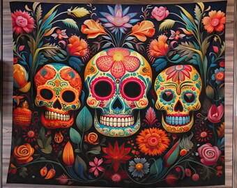 Dia De Muertos Tapestry, Halloween Art Tapestry, Day Of The Dead Art, Whimsigoth Home Decor, Gothic Art, Skull Wall Decor, Mexican Folk Art
