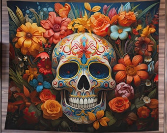 Dia De Muertos Tapestry, Halloween Art Tapestry, Day Of The Dead Art, Whimsigoth Home Decor, Gothic Art, Skull Wall Decor, Mexican Folk Art