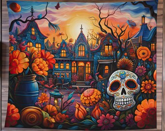 Dia De Muertos Tapestry, Halloween Art Tapestry, Day Of The Dead Art, Whimsigoth Home Decor, Gothic Art, Skull Wall Decor, Mexican Folk Art
