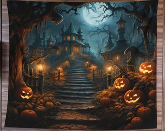 Witch Tapestry, Halloween Art Tapestry, Spooky Home Decor, Whimsigoth Decor, Gothic Art, Halloween Wall Art, Haunted House Art, Scary Art
