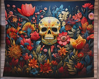 Dia De Muertos Tapestry, Halloween Art Tapestry, Day Of The Dead Art, Whimsigoth Home Decor, Gothic Art, Skull Wall Decor, Mexican Folk Art