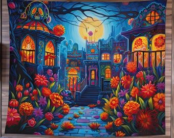 Dia De Muertos Tapestry, Halloween Art Tapestry, Day Of The Dead Art, Whimsigoth Home Decor, Gothic Art, Sunset Wall Decor, Mexican Folk Art