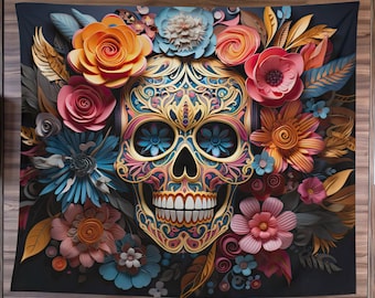 Dia De Muertos Tapestry, Halloween Art Tapestry, Day Of The Dead Art, Whimsigoth Home Decor, Gothic Art, Skull Wall Decor, Mexican Folk Art