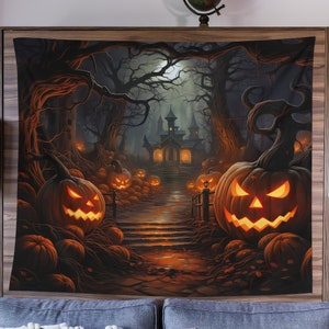 Witch Tapestry, Halloween Art Tapestry, Spooky Home Decor, Whimsigoth Decor, Gothic Art, Halloween Wall Art, Haunted House Art, Scary Art