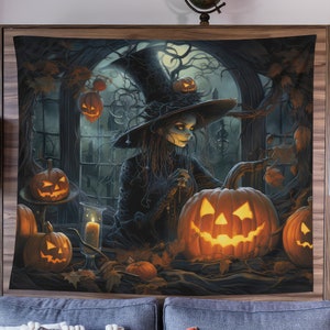 Witch Tapestry, Halloween Art Tapestry, Spooky Home Decor, Whimsigoth Decor, Gothic Art, Halloween Wall Art, Haunted House Art, Scary Art
