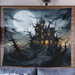 Haunted House Tapestry, Halloween Art Tapestry, Spooky Home Decor, Whimsigoth Decor, Gothic Art, Halloween Wall Art, Haunted Art, Scary Art