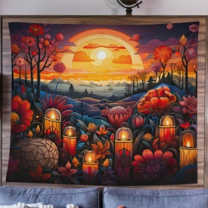 Dia De Muertos Tapestry, Halloween Art Tapestry, Day Of The Dead Art, Whimsigoth Home Decor, Gothic Art, Sunset Wall Decor, Mexican Folk Art