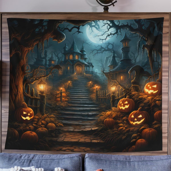 Witch Tapestry, Halloween Art Tapestry, Spooky Home Decor, Whimsigoth Decor, Gothic Art, Halloween Wall Art, Haunted House Art, Scary Art