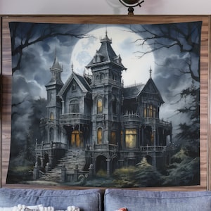 Haunted House Tapestry, Halloween Art Tapestry, Spooky Home Decor, Whimsigoth Decor, Gothic Art, Halloween Wall Art, Haunted Art, Scary Art