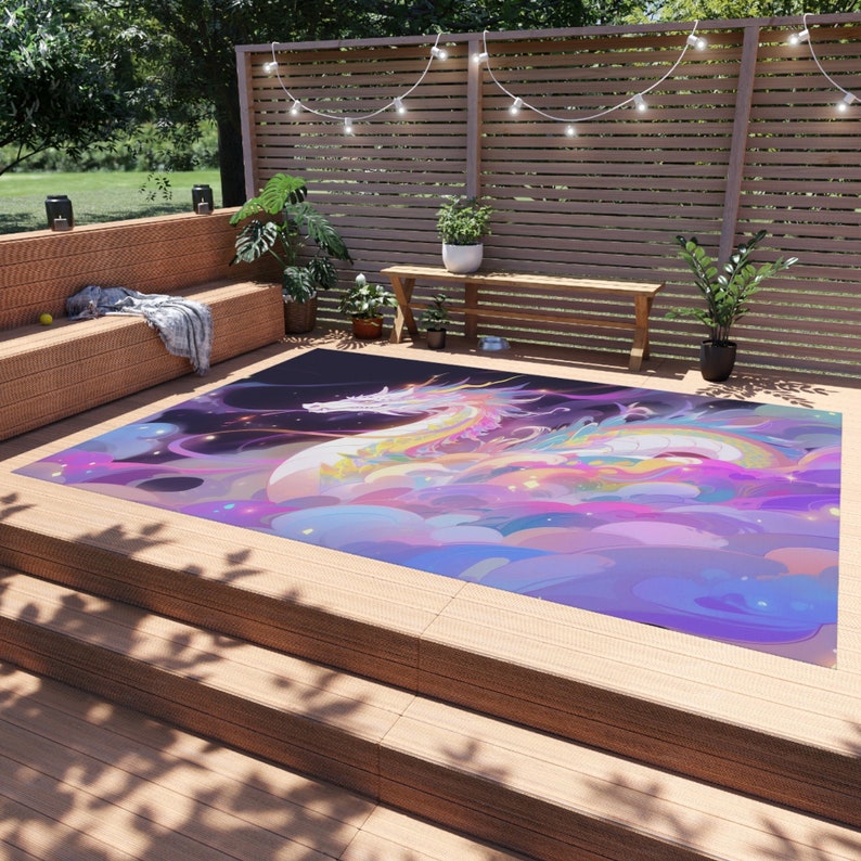 Dragon Rug, Outdoor Rug, Patio Rug, Balcony Rug, Garden Rug, Home Decor, Handmade Rug, Porch Rug, Boho Outdoor Rug, Deck Rug, Camping Rug image 1