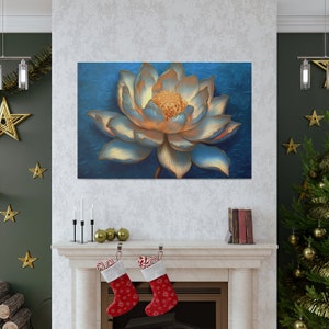 May include: A blue and gold lotus flower with a textured background. The flower is in full bloom and has a delicate, intricate design.