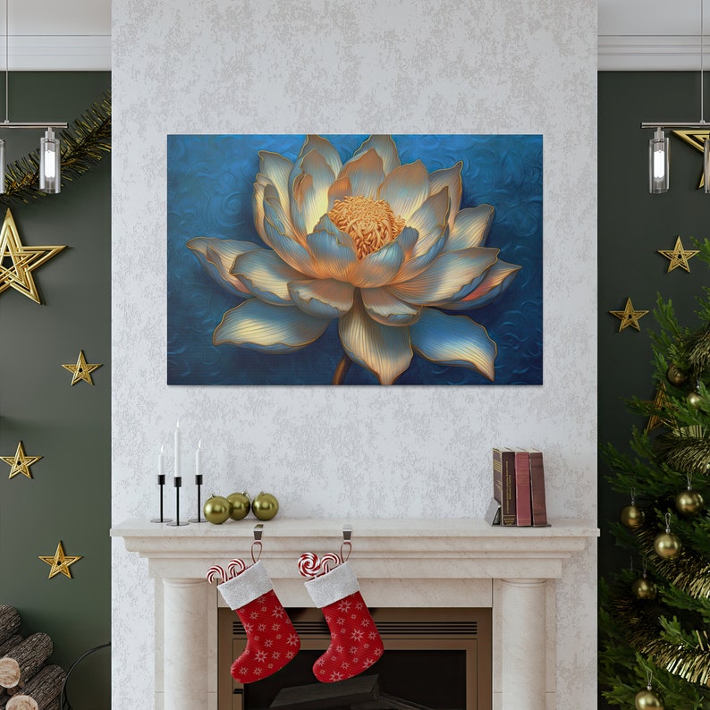May include: A blue and gold lotus flower with a textured background. The flower is in full bloom and has a delicate, intricate design.