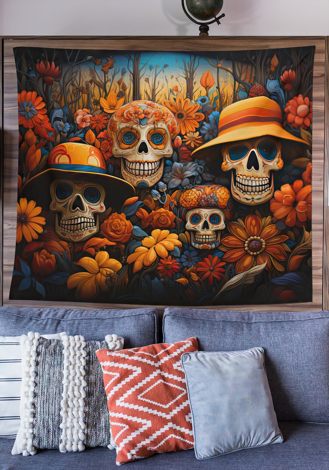 Arsey Tapisserie Murale Gothique Tête De Mort Avec Vrilles - Décoration Halloween 300 X 180 Cm