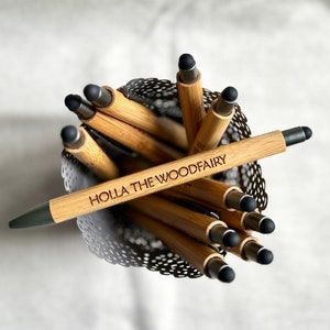 Holla the Woodfairy - engraved pen, Denglish - ballpoint pen with engraving, made of bamboo, pen with funny text