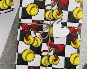 Softball Wrapping Paper, Sporty Coquette Gift Wrap Roll, Checkered Background and Softballs "Cherries" tied with Red Bows, Ribbons Gift Wrap