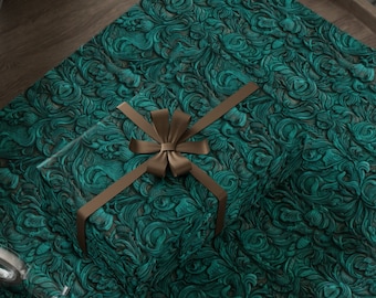 Western Leather Gift Wrapping Paper Roll, Turquoise Tooled Leather Print Gift Wrap, Birthday Present, Father's Day, Cowboy Cowgirl Themed