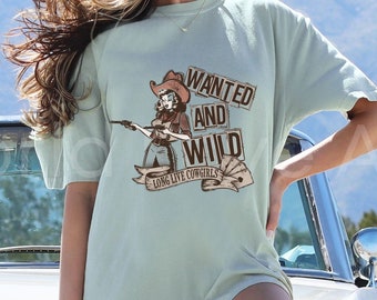 Cowgirl Shirt, Wanted and Wild T-Shirt, Western Pin up Girl, Western Graphic Tee, Retro, Vintage, Rodeo Tshirt, Womens, Comfort Colors
