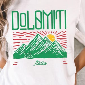 2025 Dolomites Italy T-tshirt, Dolomiti Italia Shirt, Capped Mountains Tee, Sunshine Graphic, Alpine Skiing, Hiking, Blue Sky, Italian Flag