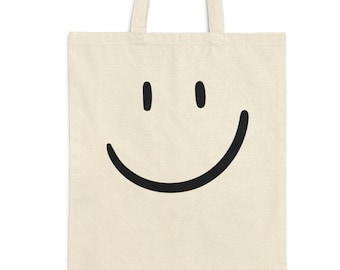Happy Face Cotton Canvas Tote Bag, Have a Nice Day, Durable Cotton Canvas with 20 inch handles, Minimilastic Fun Playful, Reusable Shopping