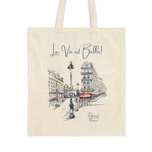 Paris Frankreich Tragetasche, Baumwoll-Leinwand, Stadt der Lichter, La Vie est Belle, Das Leben ist gut, Pariser Frankophile, französische Wörter Sätze, Cafe