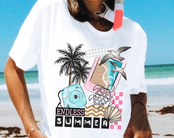 Retro Summer Shirt, 80's 90's Vintage Beach T-shirt, Endless Vacation Graphic Tee,  Coastal Checkered Vacay, Seashell Shirts, Comfort Colors