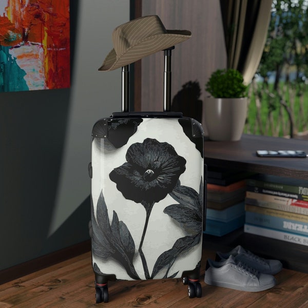 Black and White Floral Luggage Spinner Wheels, Hard Shell Suitcase 1, 2 or 3 pieces, Woman Carry-On, Weekend Cabin Bag, Modern Design Flower