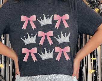 Beauty Queen Shirt, Pink Bow and Silver Crown Grid Tee, Princess Pageant Gift, Coquette Aesthetic Royalty, Royal Cute Glam, Birthday Girl