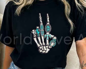 Skeleton Hand Shirt, Comfort Colors Turquoise Concha Ring Halloween Tshirt, Rock and Roll Tee, Western Graphic Tee, Country Music Peace