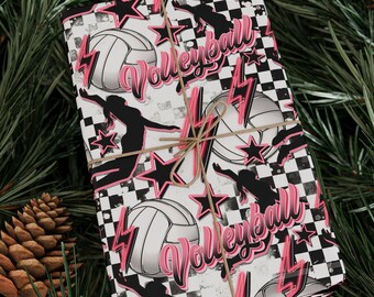 Volleyball Wrapping Paper, Black & White Checkered Sports Paper, Feminine Volley Ball Player,  Team Club Gifts, Lightning Bolt Gift Wrap