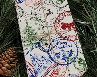 Vintage Christmas Stamp Wrapping Paper Roll, Holiday Gift Wrap with Trees, Reindeer, Stockings, North Pole & Travel Stamps, Retro Merry XMAS