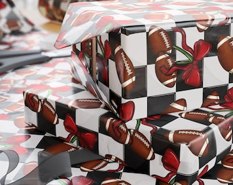 Football Wrapping Paper, Sporty Coquette Gift Wrap Roll, Checkered Background and Football "Cherries" tied with Red Bows, Ribbons Gift Wrap