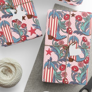 Western Wrapping Paper Roll, Patriotic Cowgirl Gift Wrap, American Flag, Independence Day Gifts, 4th of July, America, USA, Memorial Veteran