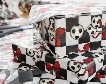 Soccer Wrapping Paper, Sporty Coquette Gift Wrap Roll, Checkered Background and Soccer balll "Cherries" tied with Red Bows Ribbons Gift Wrap