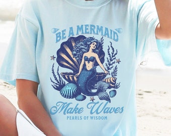 Camisa sereia vintage, camiseta de praia, camiseta de verão, presentes de férias, férias, camiseta pérolas de sabedoria, ondas retrô, cores confortáveis da sirene do mar